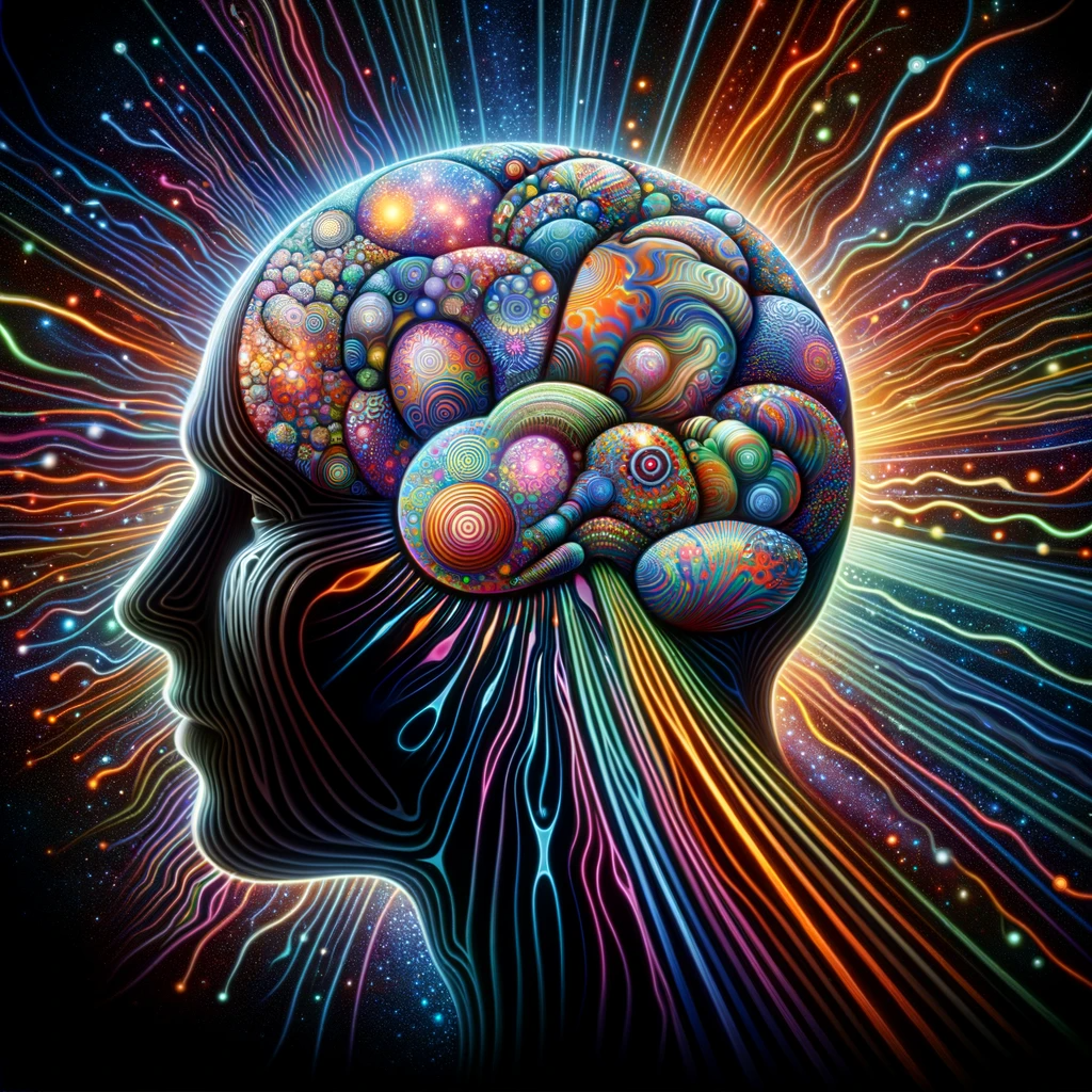 DALL·E 2023 11 08 21.19.54 An abstract representation of a human head with various psychedelic patterns and colors emanating from the brain area symbolizing the therapeutic use
