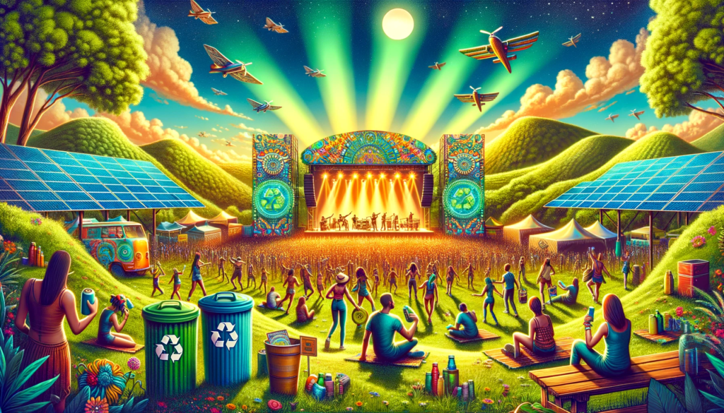 DALL·E 2023 11 26 16.06.08 A vibrant landscape image depicting a music festival scene focused on sustainability and environmental responsibility. The scene includes festival goe