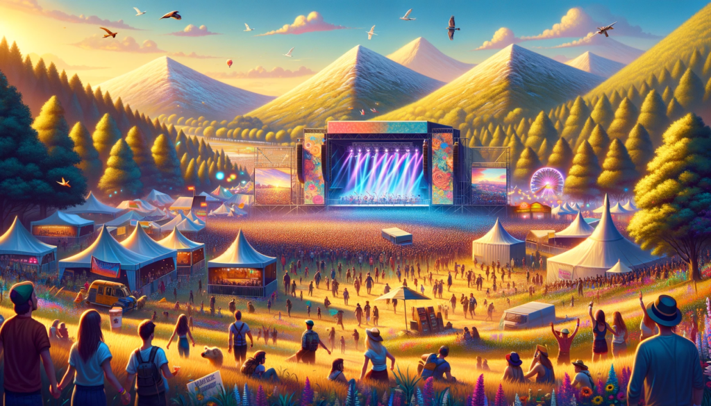 DALL·E 2023 11 26 16.06.14 A lively landscape image capturing the essence of a music festival scene perfect for first time festival goers. The scene should include a diverse cr