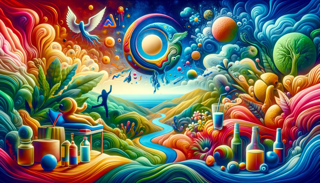 DALL·E 2024 01 03 10.48.26 A psychedelic and colorful landscape image for a blog about hangover recovery strategies. The image should vividly represent a fusion of hangover symp